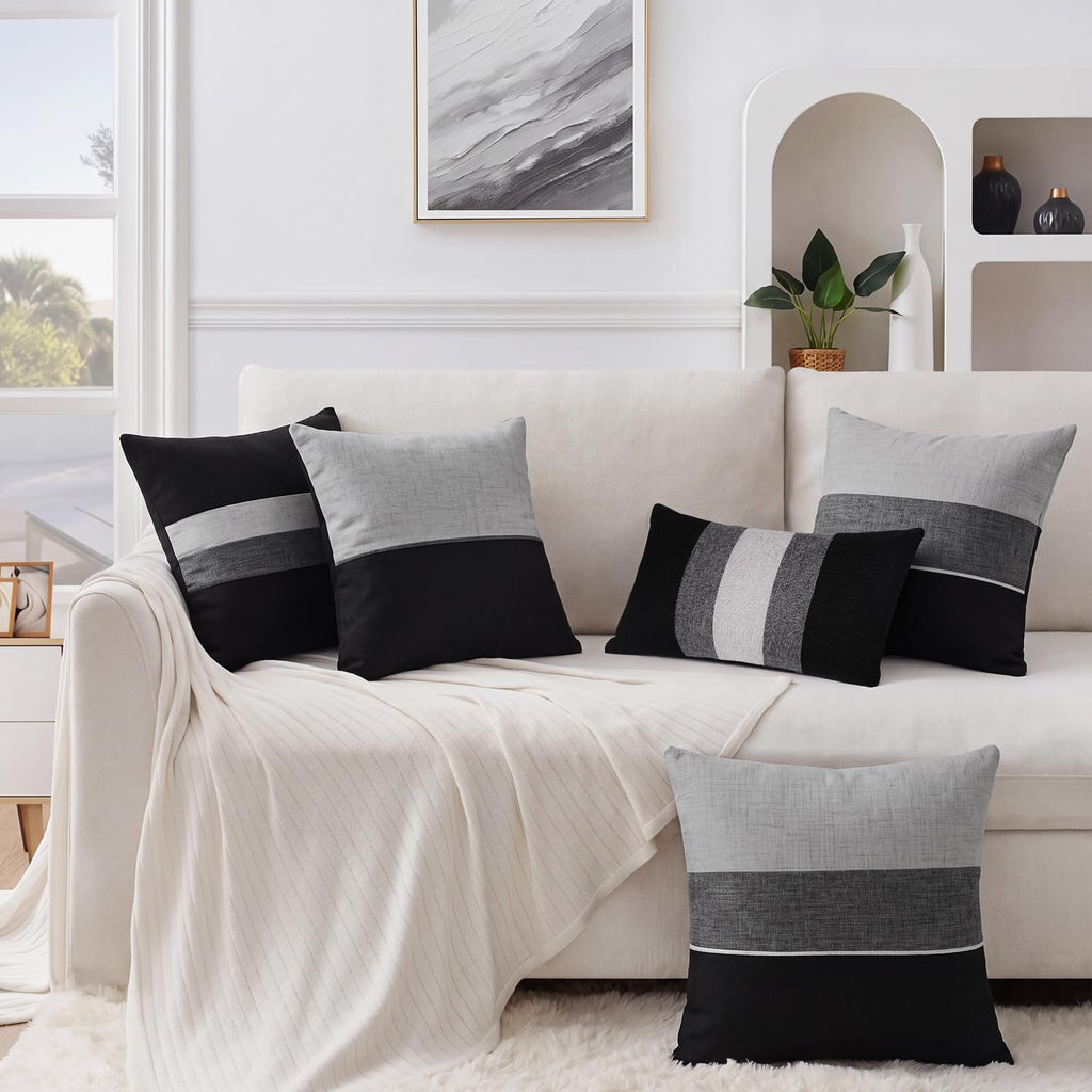Linen Patchwork Pillow Covers 12x20 Set of 2 Farmhouse Decor