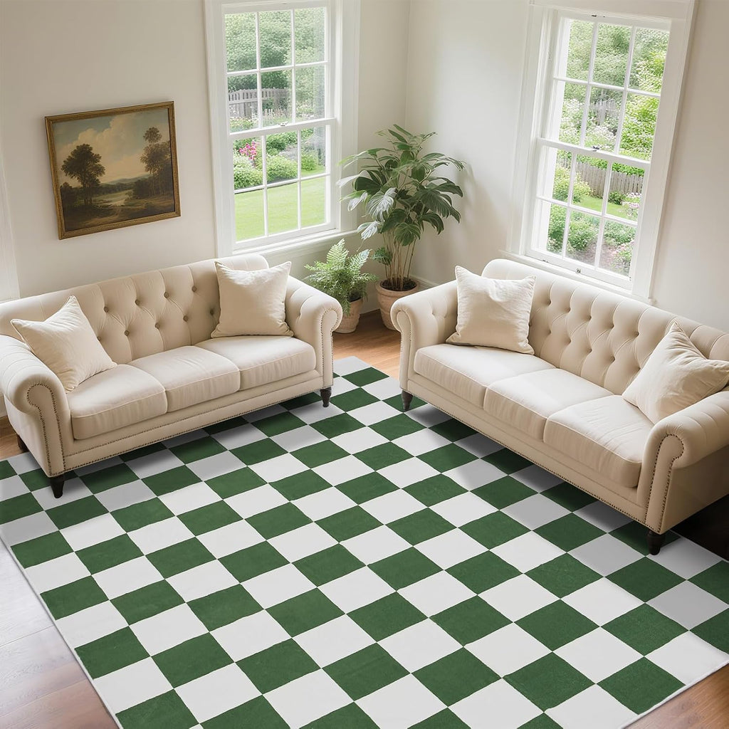 Washable Checkered Rug, 5x7 ft Green and White Rug, Low Pile Area Rugs with Non-Slip Backing Playroom Classroom