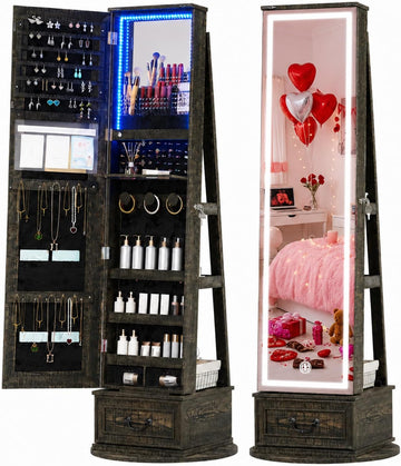 LED Mirror Jewelry Cabinet Standing, 360°Swivel Jewelry Armoire with Full Length Mirror, Mirror with Jewelry Storage