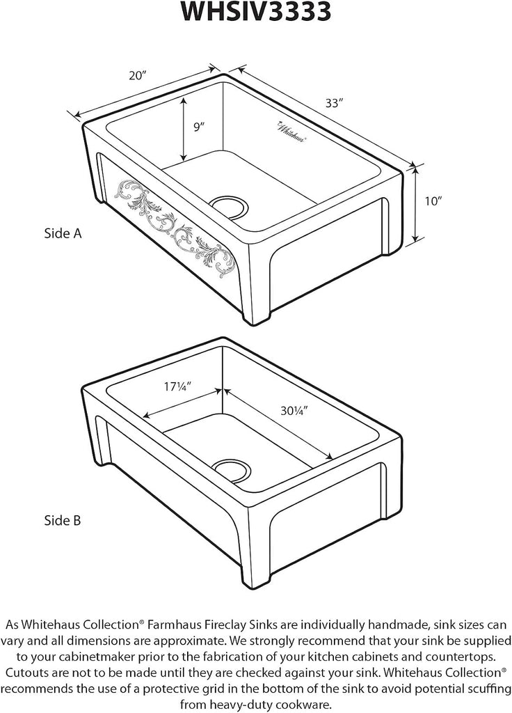 Kitchen Sink; 33" Fireclay Farmhouse Sink, Reversible Apron-Front with Vine Design and Beveled Front, White