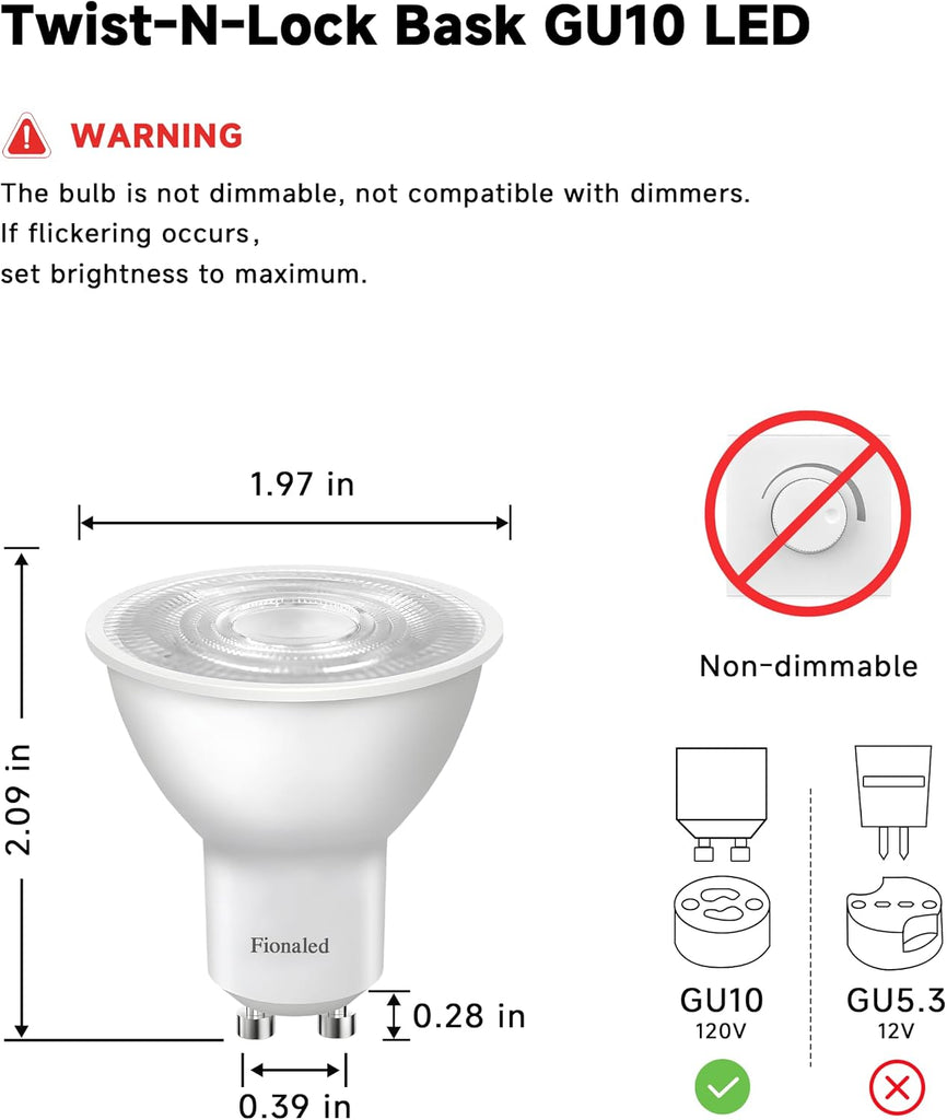 GU10 LED Bulbs, 50W Halogen Replacement, 3000-Kelvin Soft Warm White,Not Dimmable, 38° 2 Prong MR16 LED Spotlighting