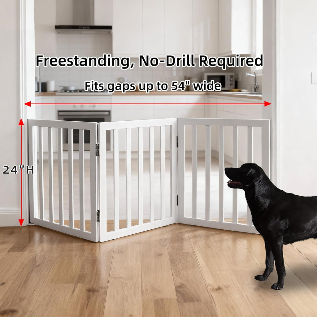 Freestanding Indoor Dog Gate Foldable Wood White Puppy Gate for Doorways Pet Gate for Stairs Extra Wide Pet Fence 24"