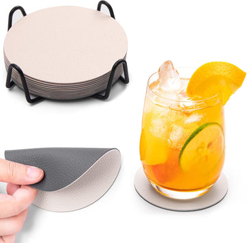 Faux Leather Drink Coasters with Holder, Dual Sided Sets of 12