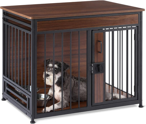 Furniture Style Dog Crate, Sturdy Wooden Pet Kennel, End Table with Space for Pet, Two Bowls Included