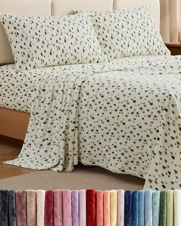 Fleece Sheets King Size Set - 4-Piece Velvet Flannel Sheet Set - Trees