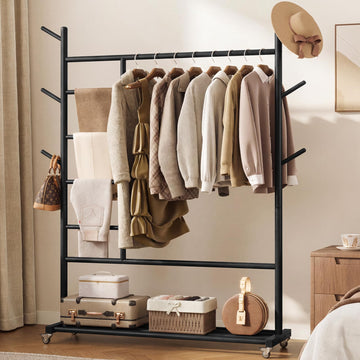 Solid Wood Clothing Rack, 4-in-1 Wooden Clothes Rack with Wheels