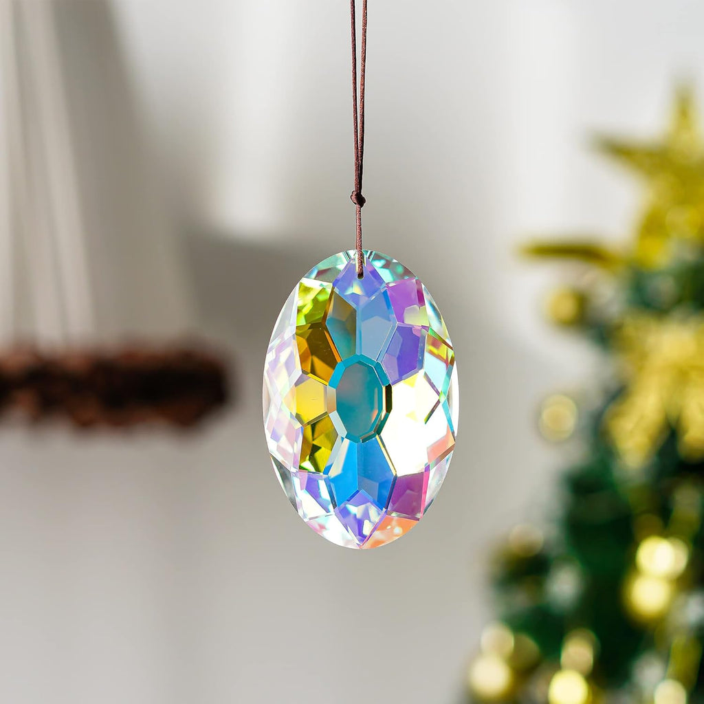 3.5 Inch Oval Crystal Prism Suncatcher, AB Rainbow Maker - AB Coating Faceted Glass Pendant, Colorful Light Catcher