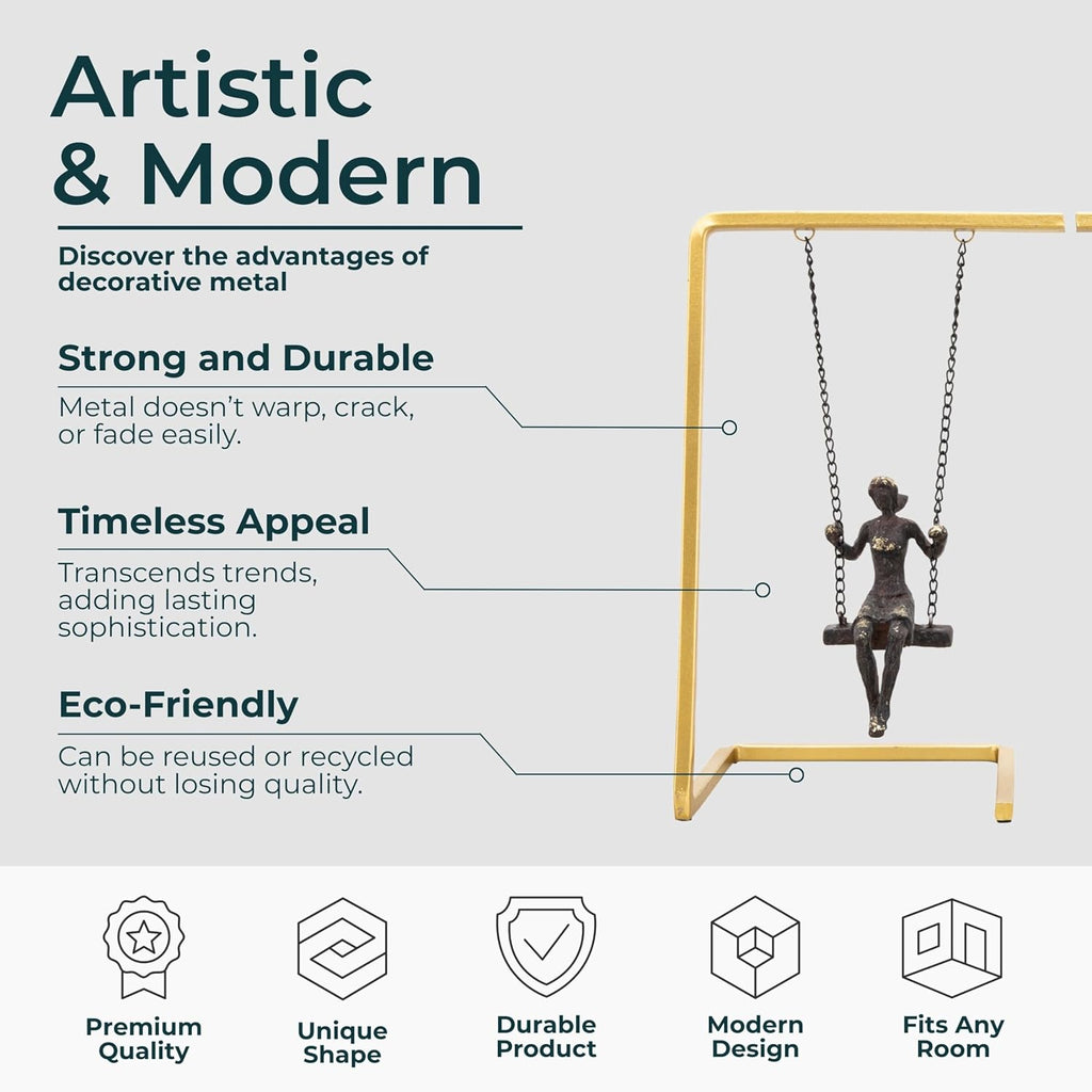 Set of 2 Swinging People Decorative Bookends - Modern Shelf Decor Accents with Gold Metallic Frame - Stylish and