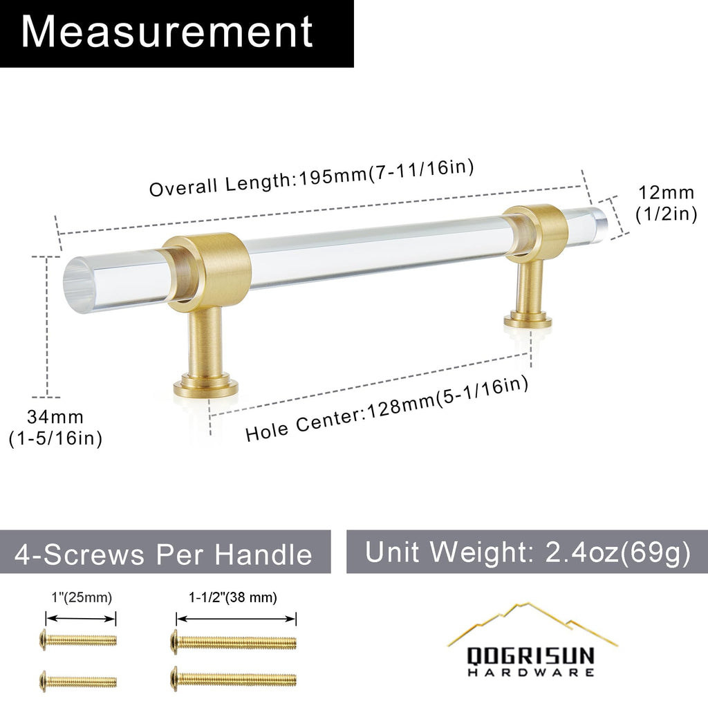 5-Pack Acrylic Cabinet Drawer Pulls, Brushed Brass,5-1/16 Inch