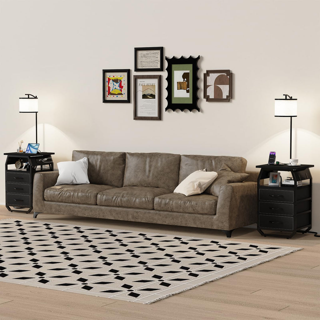 Floor Lamp with Table Set 2, End Table with Light & Charging, Black