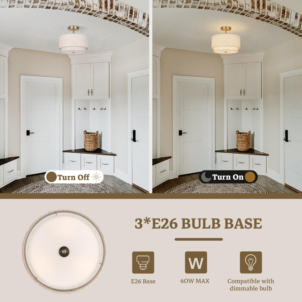 Semi Flush Mount Ceiling Light Fixture, 12.6'' Gold Light Fixtures Ceiling Mount, Modern Close to Ceiling Light with