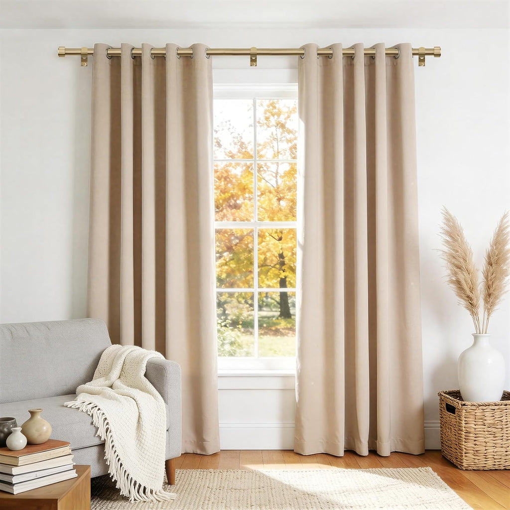 Warm Gold Brass Curtain Rod 36-144 Inches Adjustable, 1" Diameter Heavy Duty Window Rod with Solid Aluminum Finials &