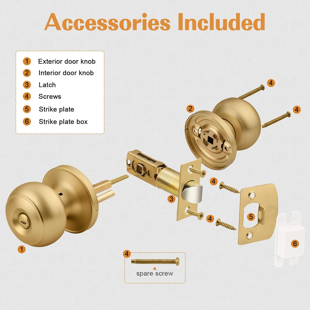Champagne Bronze Door Knobs Bathroom, Interior Door Knob with Round Ball, Champagne Privacy Door Knob, 6 Pack