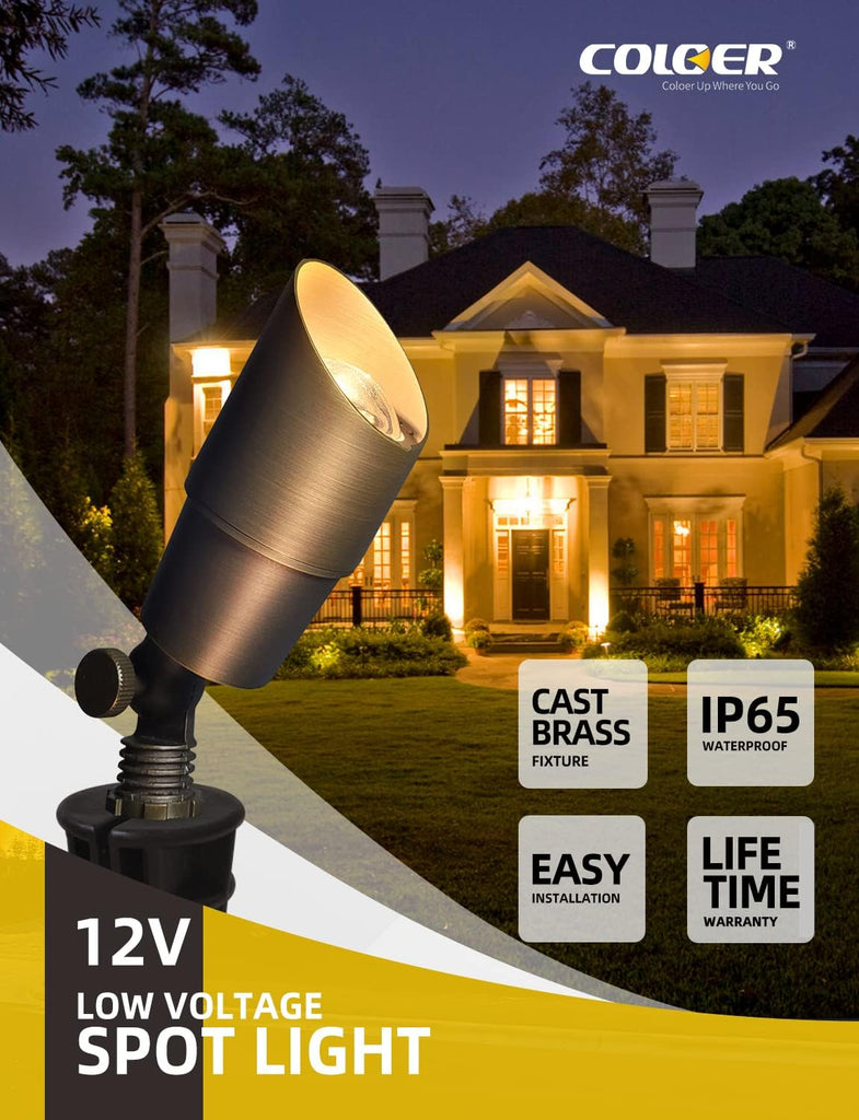 Brass Landscape Spotlights, 6 Pack Spot Lights Outdoor with 5W Aluminum Housing MR16 LED Bulb 2700K 450LM, 12V AC/DC