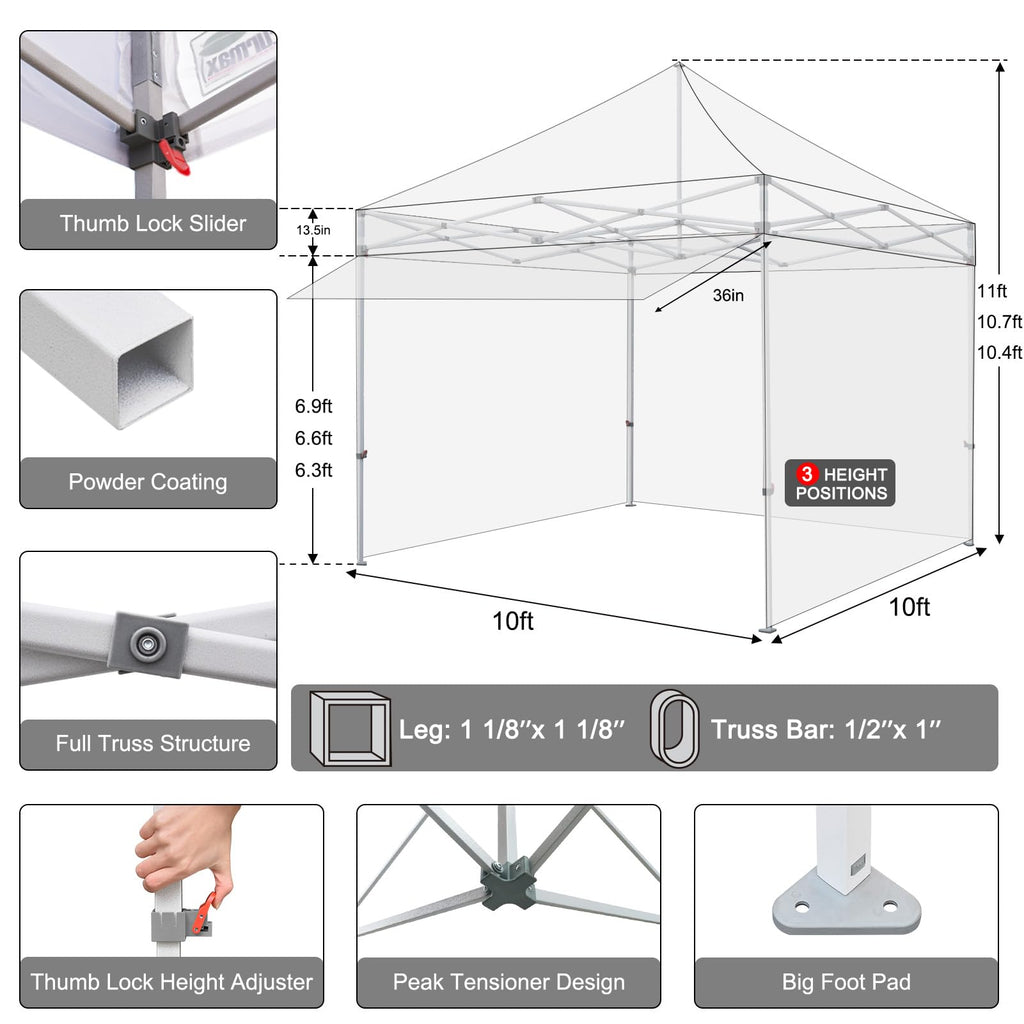USA 10x10 Pop Up Canopy, Commercial Tent with Patented No-Tip Rolling Bag, 30sqft Extension Awning & 4 Zippered
