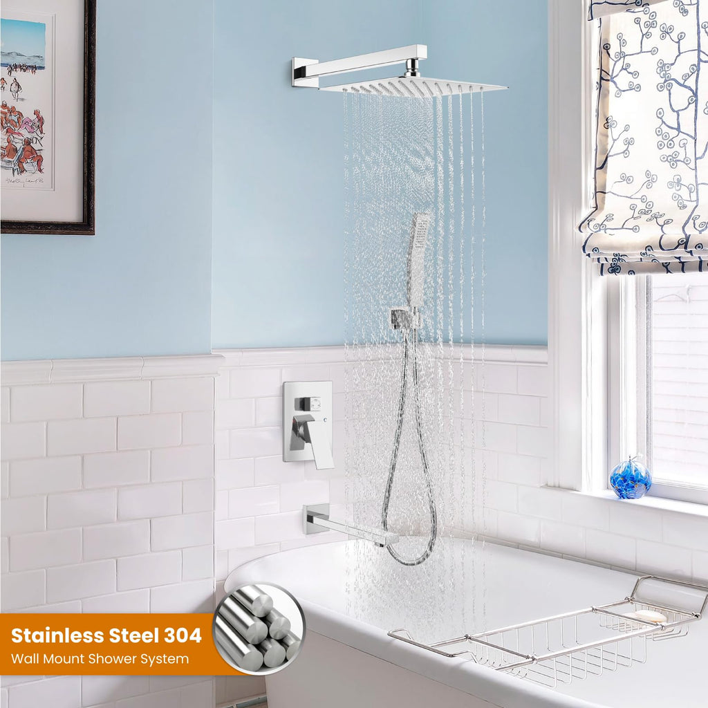 Bathtub Shower Faucet Set, 12 Inch Shower Head, Polish Chrome