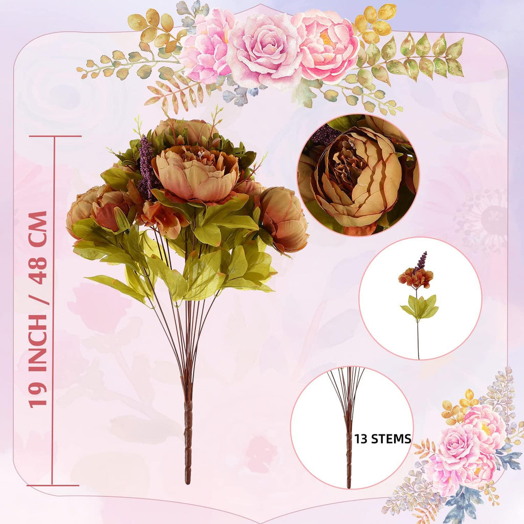 Bunches Artificial Silk Peony Vintage Flower Bouquet for Party Home Table Centerpieces Wedding Decoration (Coffee) - Set of 2