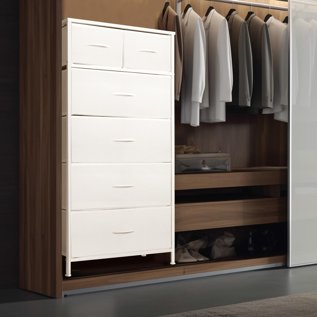 Tall Dresser, Vertical Storage Organizer Tower with 6 Drawers, Chest of Drawers with Fabric Bins, Steel Frame, Wood