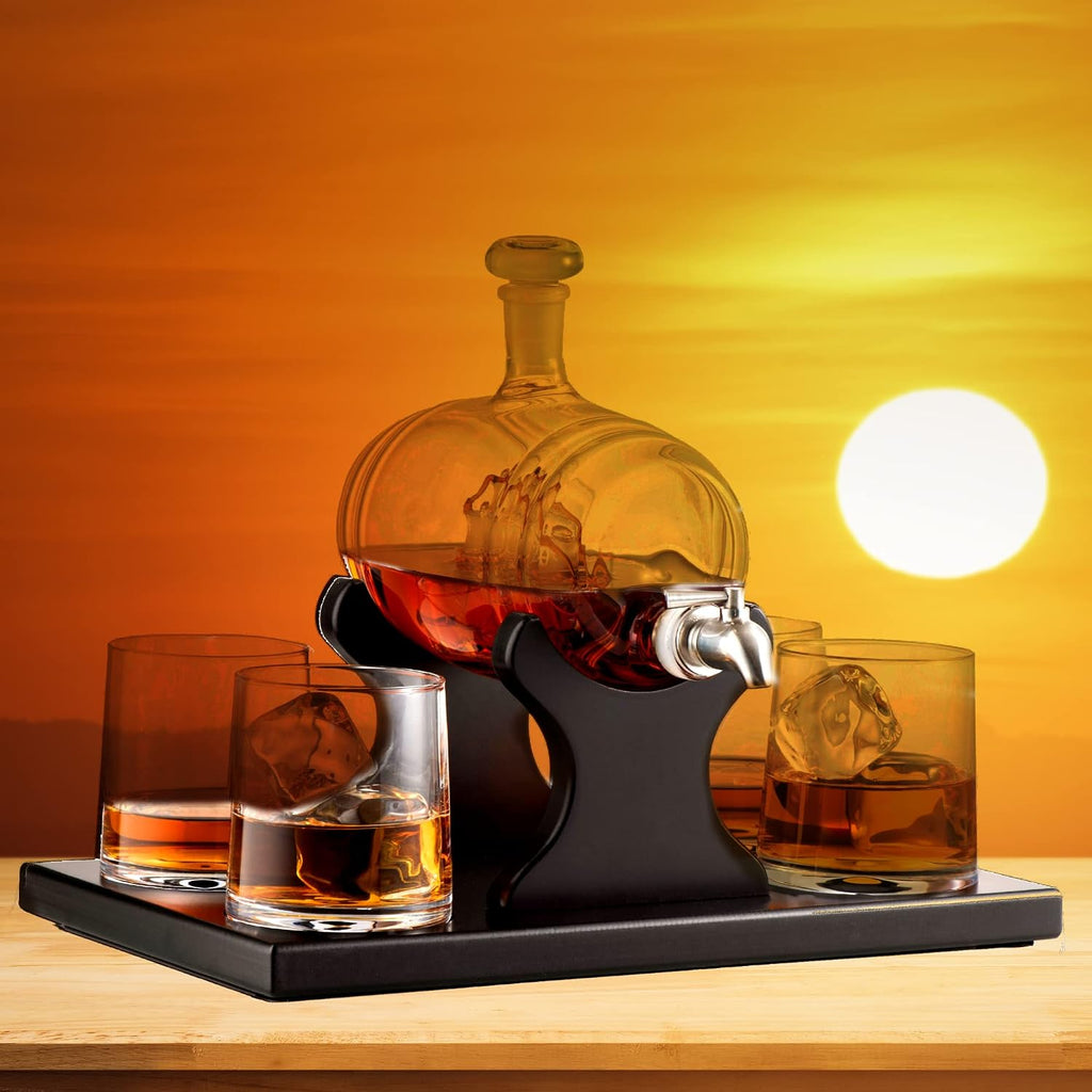 Whiskey Decanter Barrel Set - 1000ml Liquor Dispenser - 4 Glasses - Ship in a Bottle Bar Gifts - Set of 6
