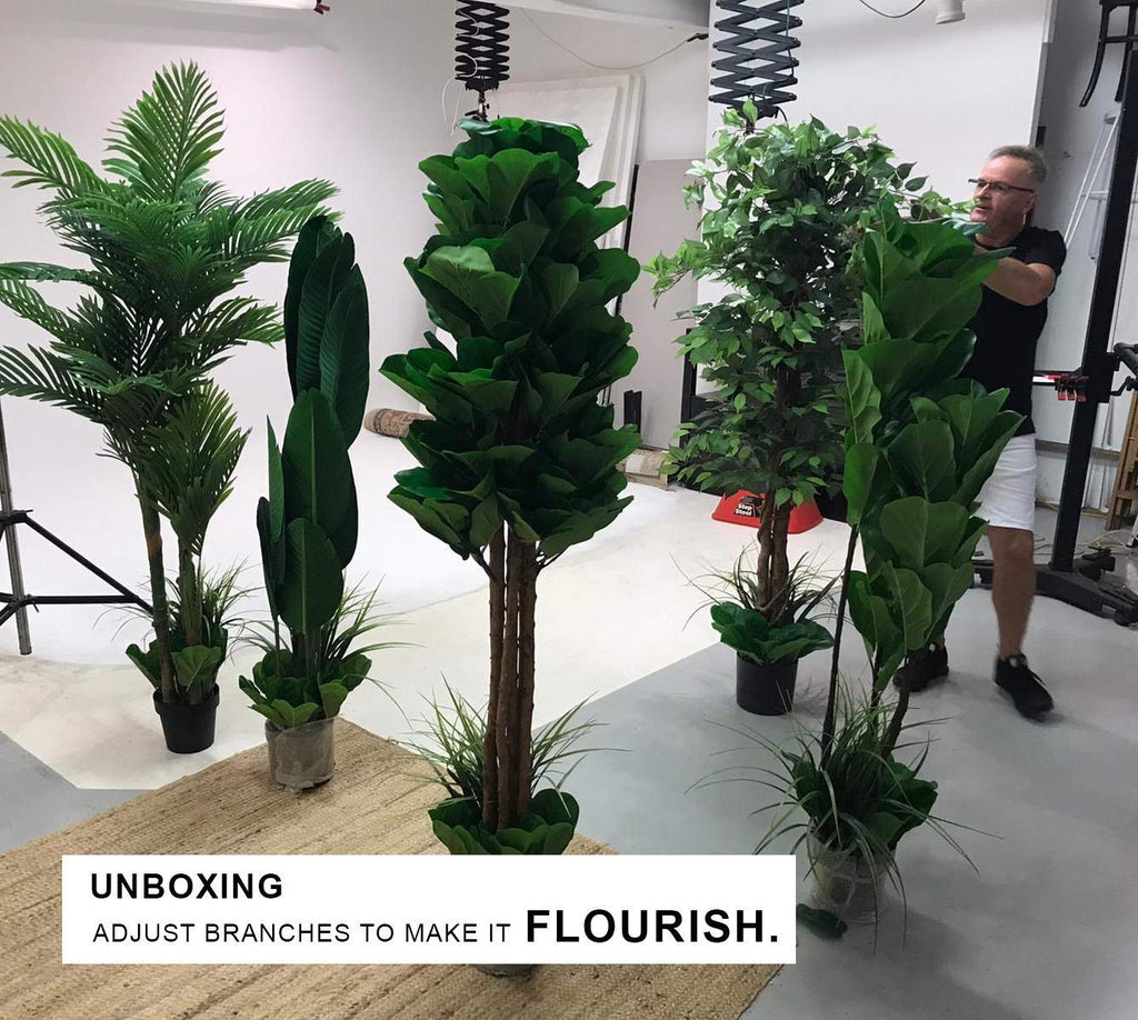 Deluxe 78" Golden Cane Palm Artificial Tree + Premium Fiddle Leaf Foliage in 8" Base + 12" Plant Pot Skirt + Bonus