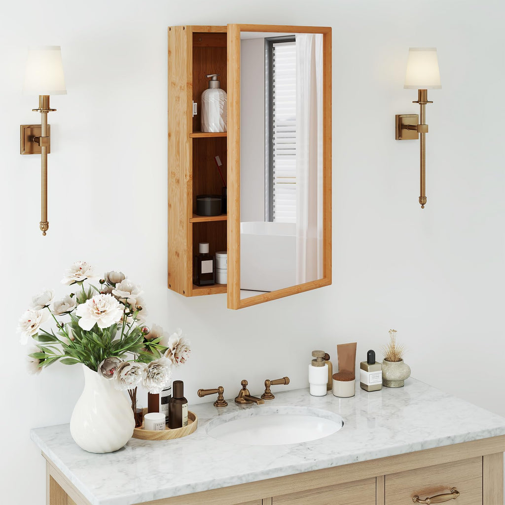 Bamboo Medicine Cabinet with Mirror, 14" x 24" Small Bathroom Mirror with Storage, 2 Removable Shelves, Farmhouse