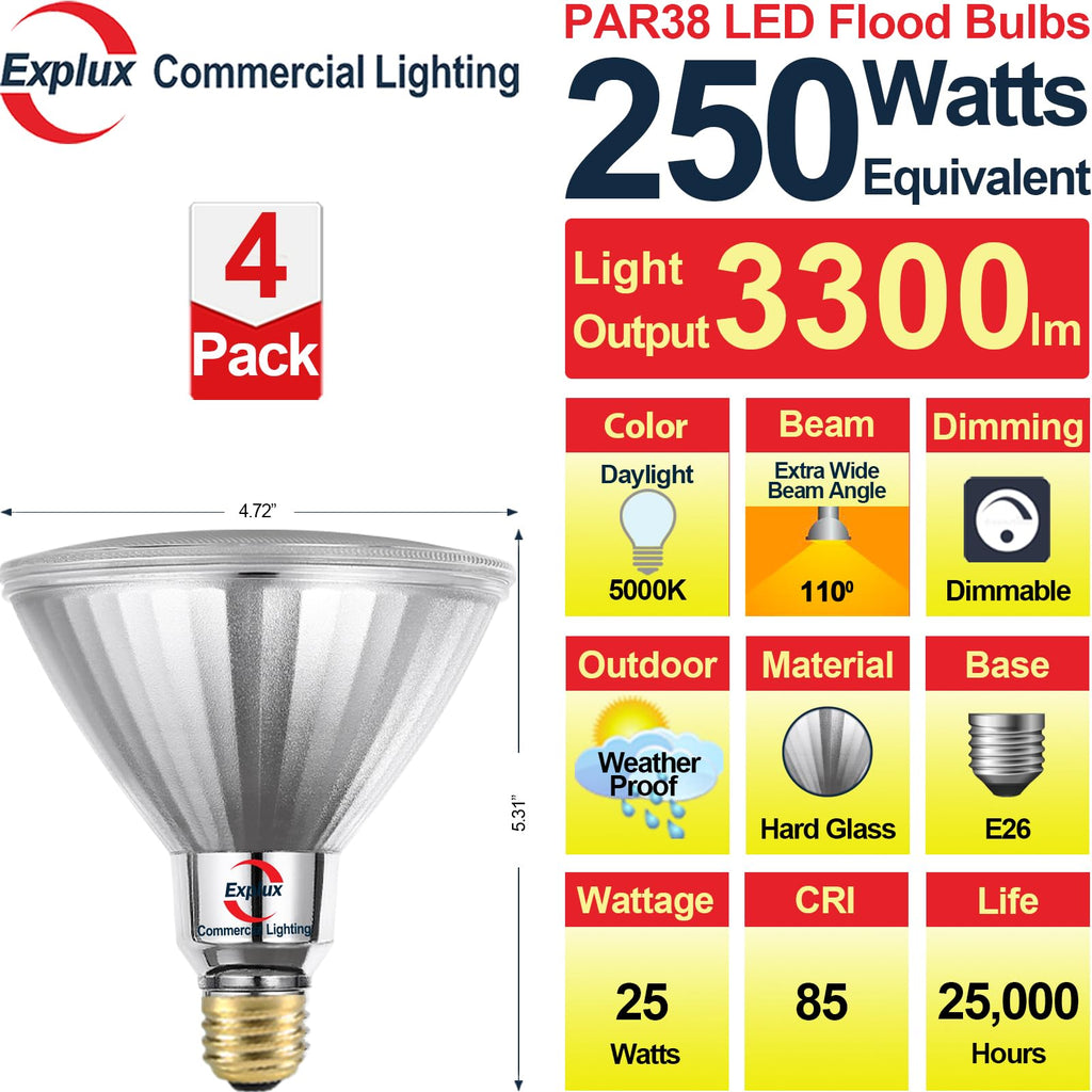 Full Glass PAR38 Outdoor Flood Light, 250W Equivalent, 5000K, 4-Pack