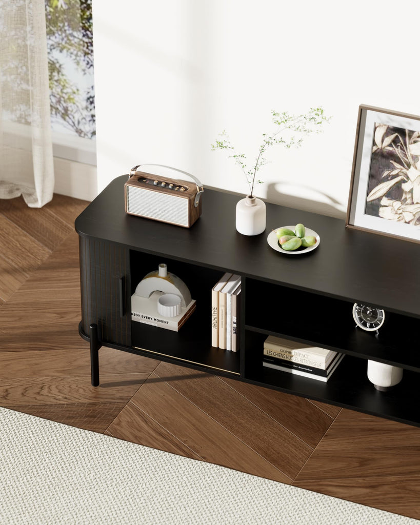 70" Mid-Century Fluted TV Stand with Storage up to 80 Inch, Black