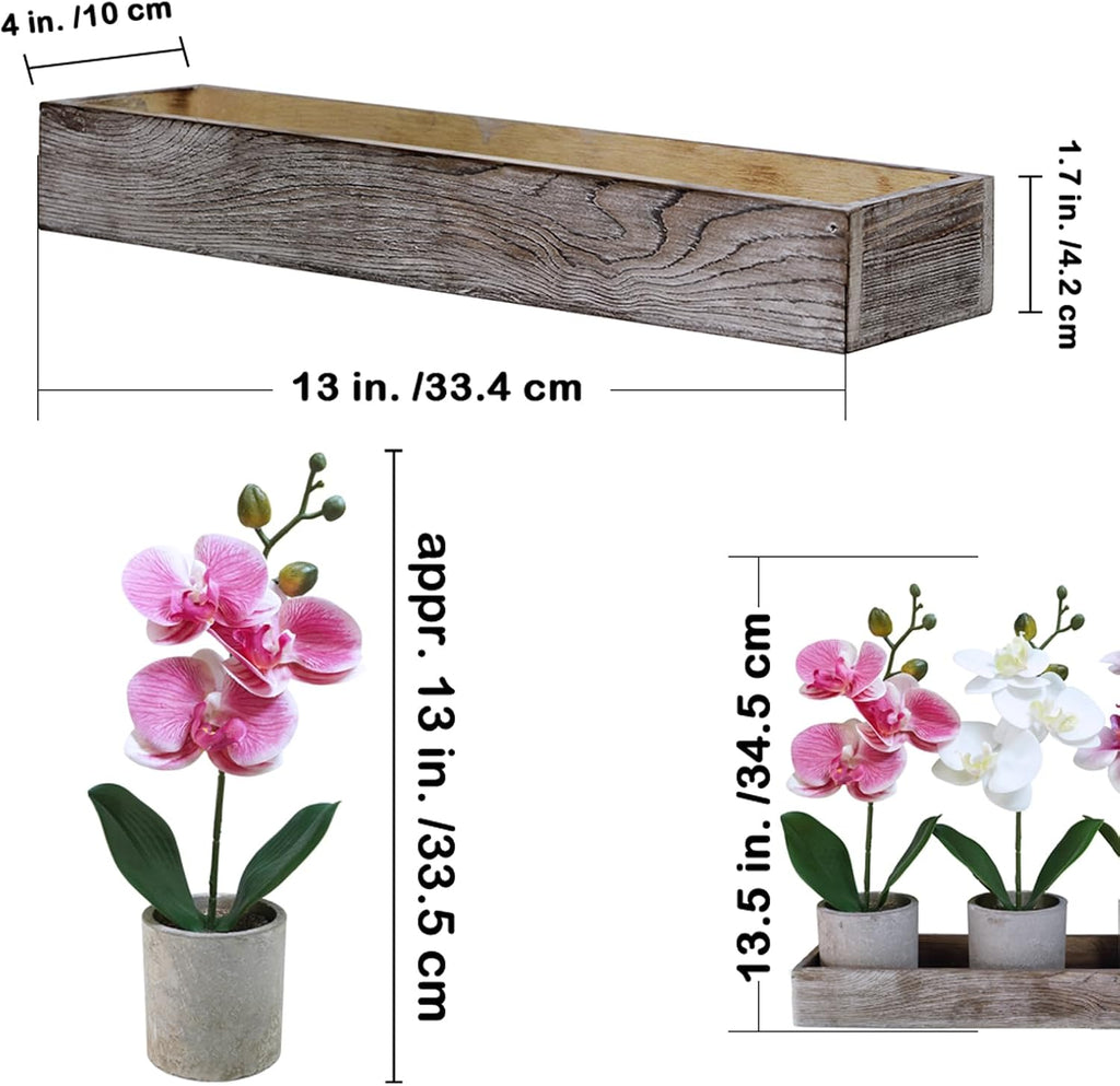 Small Artificial Orchid Potted Plants Arrangement with Rustic Wood Planter Box Real Touch Faux Phalaenopsis - Set of 3