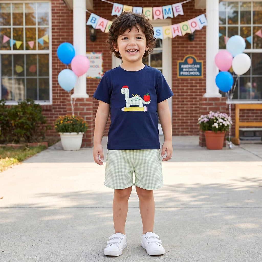 Kids Toddler Boy Back to School Outfit Short Sleeve Embroidery T Shirt Plaid Shorts Set First Day of School Clothes