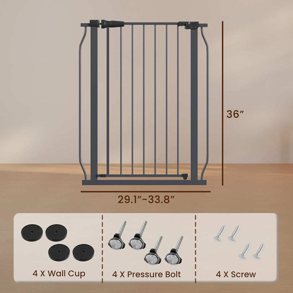 Baby Gate for Stairs Doorways, 29.1-33.8" Extra Wide 36" Tall Dog Gate with Auto-Close, Pressure Mounted Walk Through
