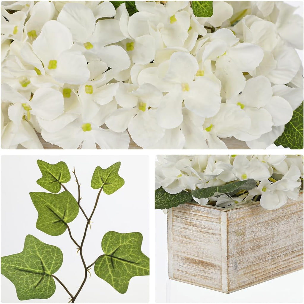 White Hydrangea Artificial Flowers in Wooden Pot Faux Silk Hydrangea Flowers Potted Fake Fall Flower Floral