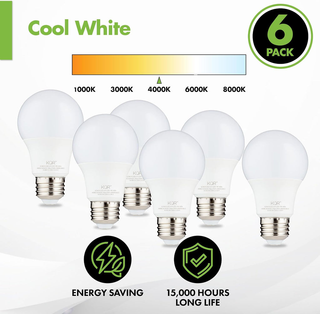 6 Pack A19 LED Light Bulb, 60W Equivalent, 5000K Bright White, 800 Lumens, Efficient 9 Watt Replacement Bulbs with