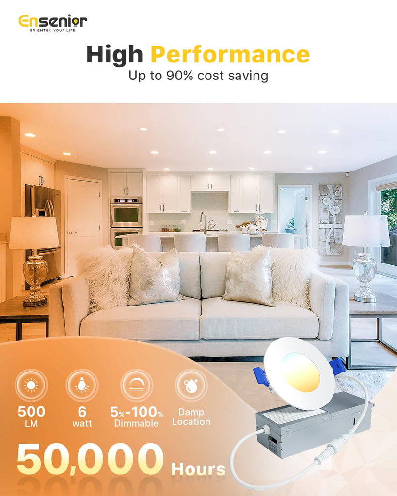 3 Inch LED Recessed Ceiling Light, 5CCT, 500LM 6W 120V