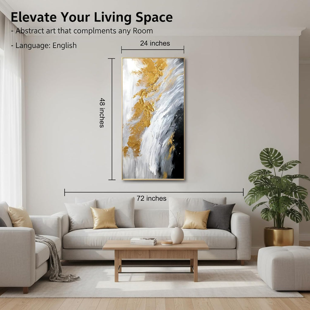 Hand-Painted Black and White Abstract Oil Painting on Canvas for Entrance-Hall, Framed Gold Wall Art ,Large 3D Wall