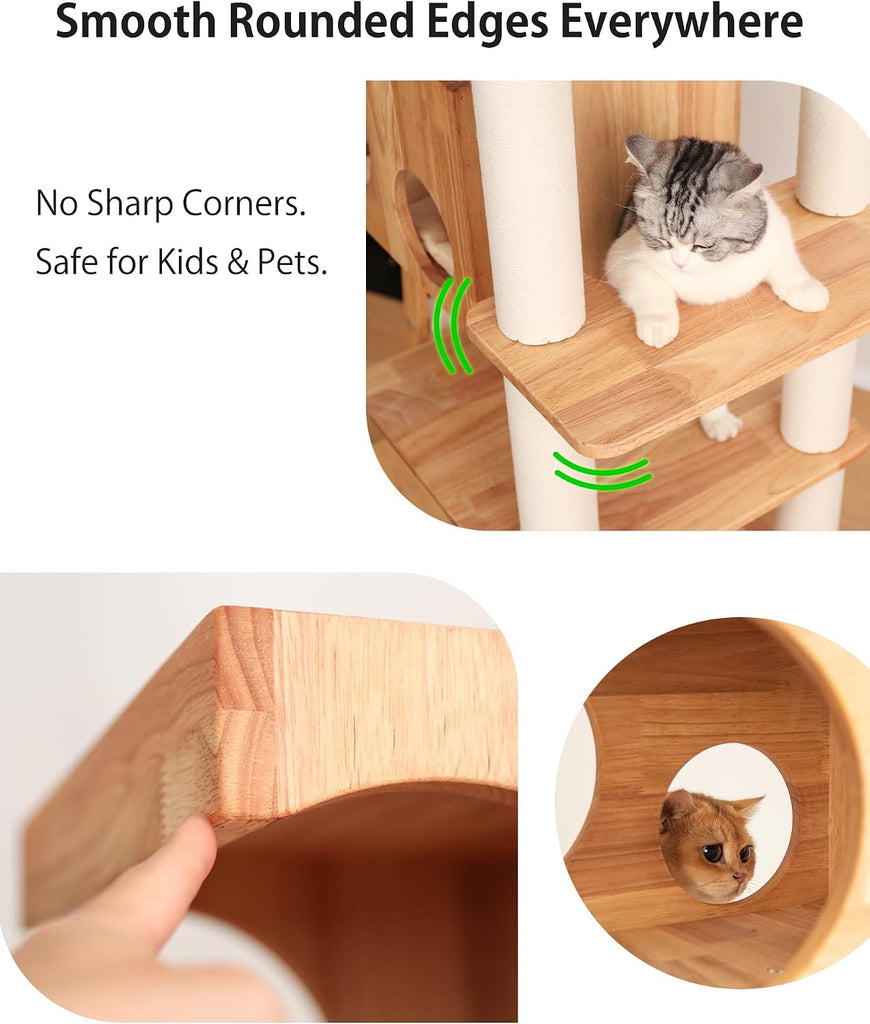61.8" Wood Cat Tree Tower for Large Cats, Acrylic Bowl & Ladder