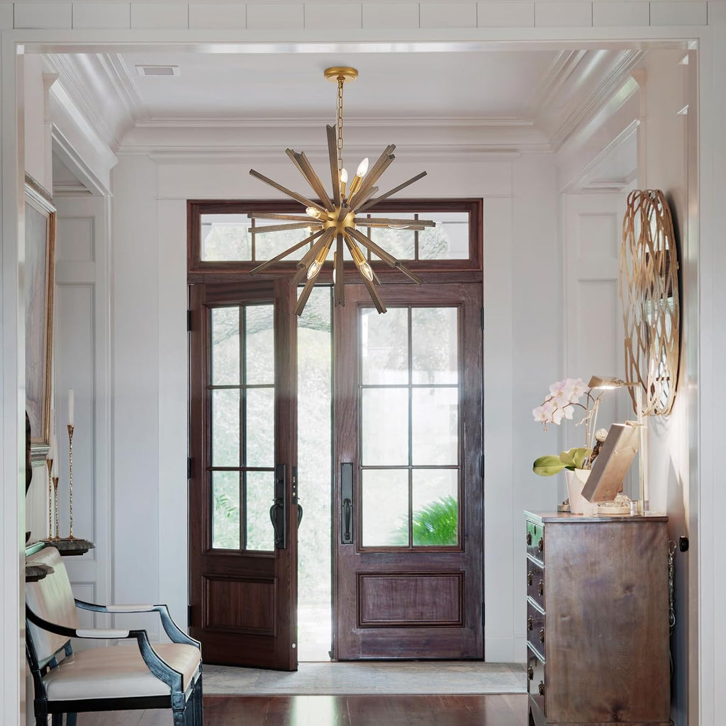 9-Light Wood Sputnik Chandelier for Entryway, Gold Dining Room Light Fixture, Farmhouse Pendant Light Fixture for