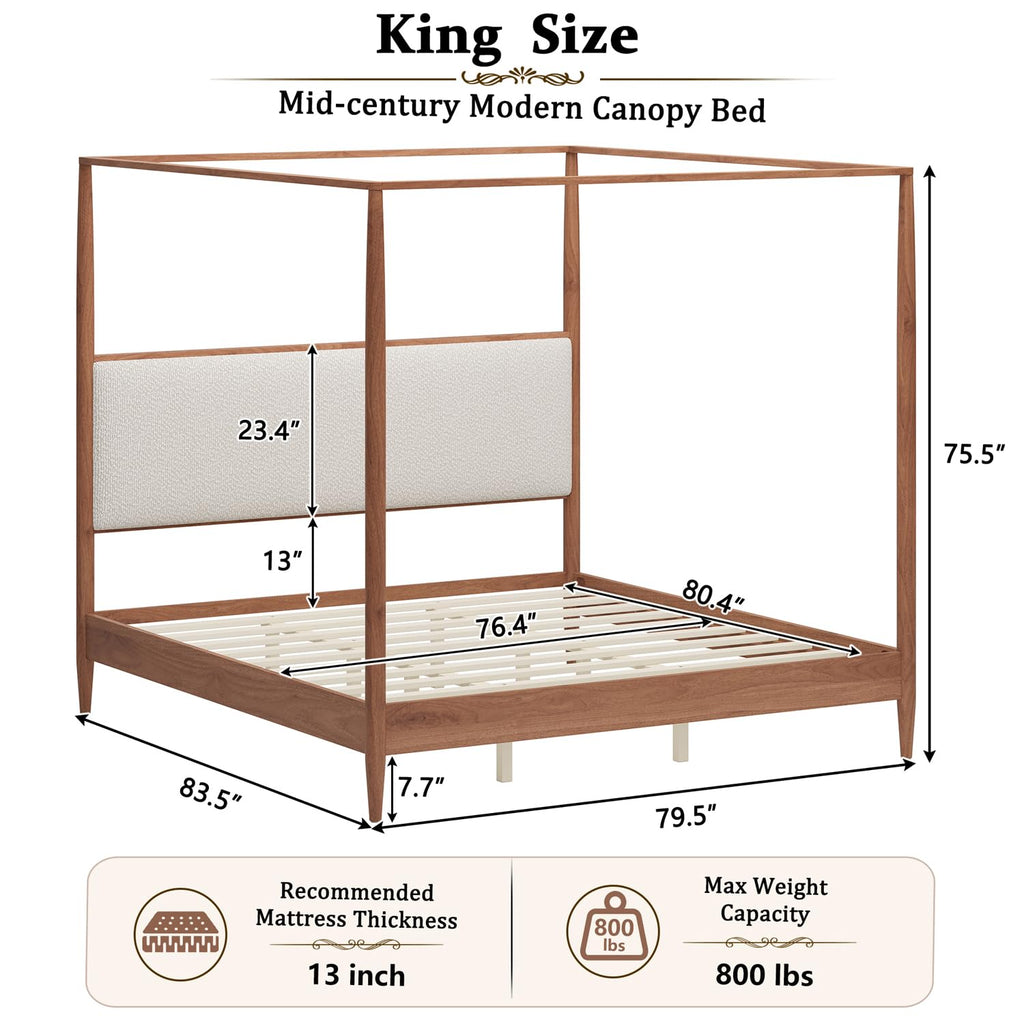 Wood Canopy Bed Frame, Walnut Vintage Four-Posters Platform Bed