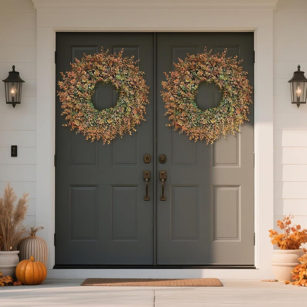 26"Artificial Eucalyptus Wreath with Seed for Front Door Decor(Fall Orange)