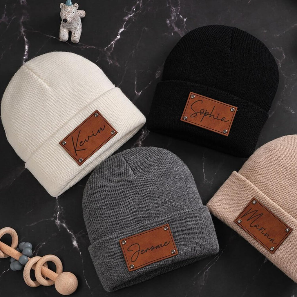 Custom Toddler Baby Beanies, Mama Mini Matching Hats, Leather Patch Baby Knit Hats, Winter Beanies for Infant, Kids