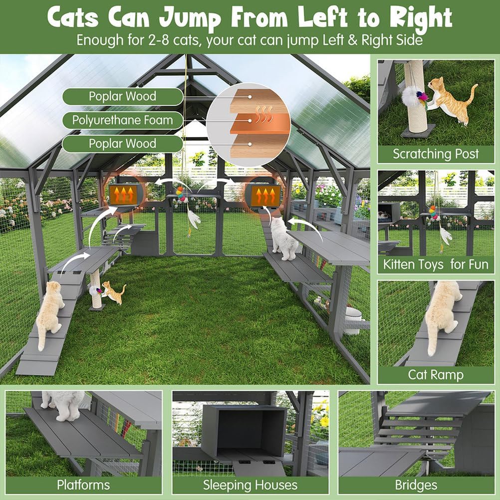 Large Outdoor Cat Enclosure Catio, 94.5" Wooden Walk-in Cat House with Platforms, Bridges, Cat Houses & Waterproof