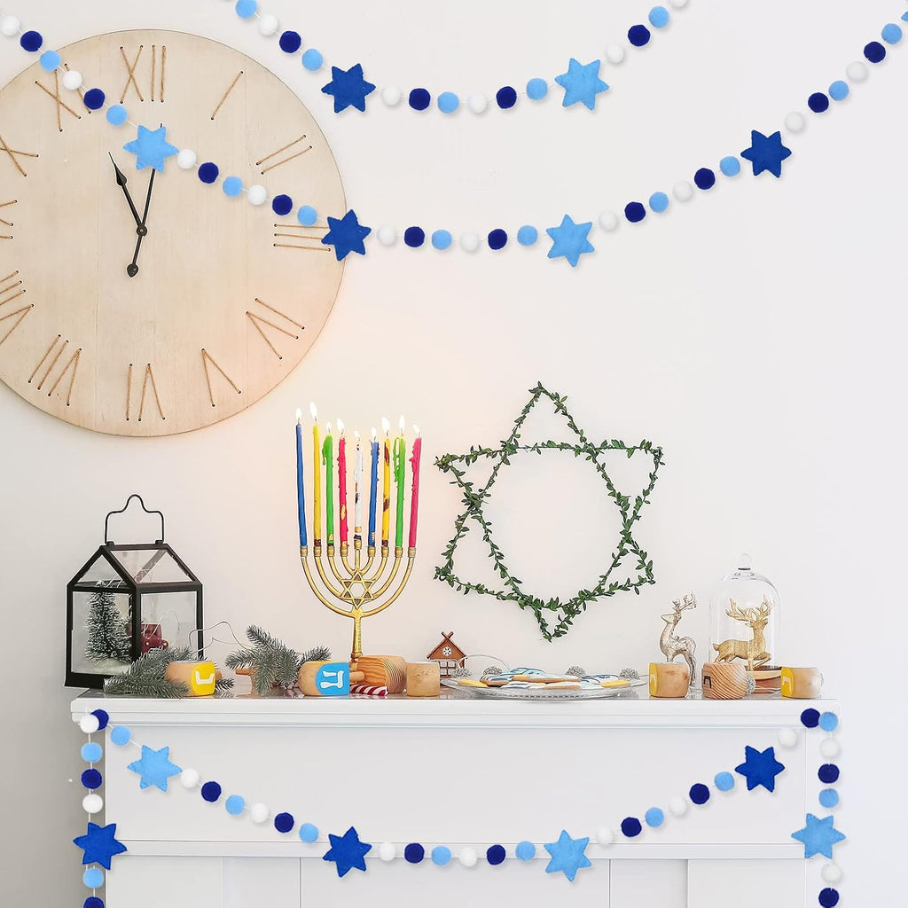 Hanukkah Felt Banner Hexagram Star Felt Garland Blue White Chanukah Pompom Party Decorative Hanging Bunting Banner - Set of 82