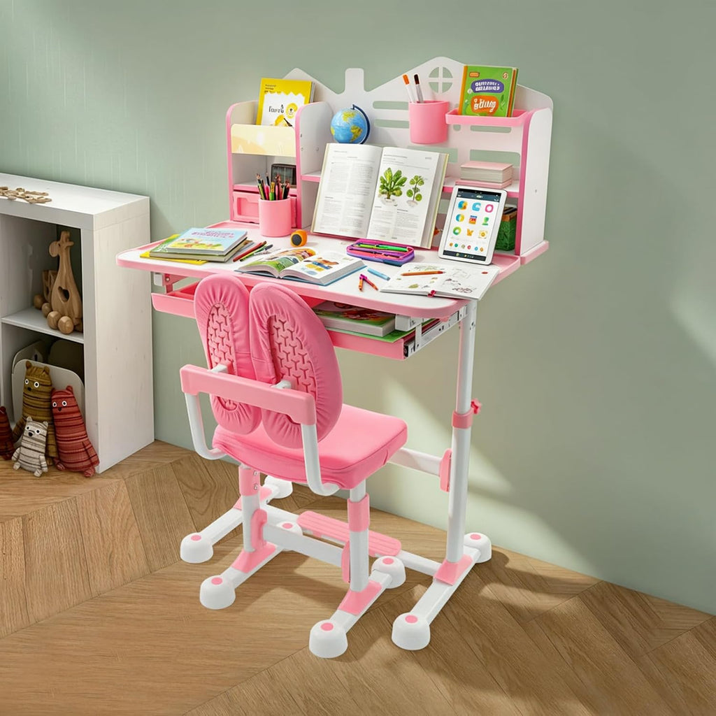 31.5'' Adjustable Kids Desk with Tilting Desktop & Bookshelf Hutch(Pink)