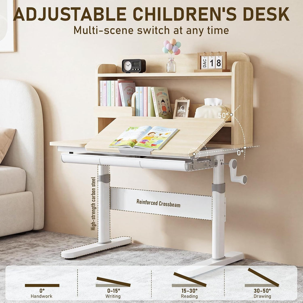 Kids Desk and Chair Set, Adjustable Study Table with Tiltable Desktop & Storage Drawer, Ergonomic Desk for Boys