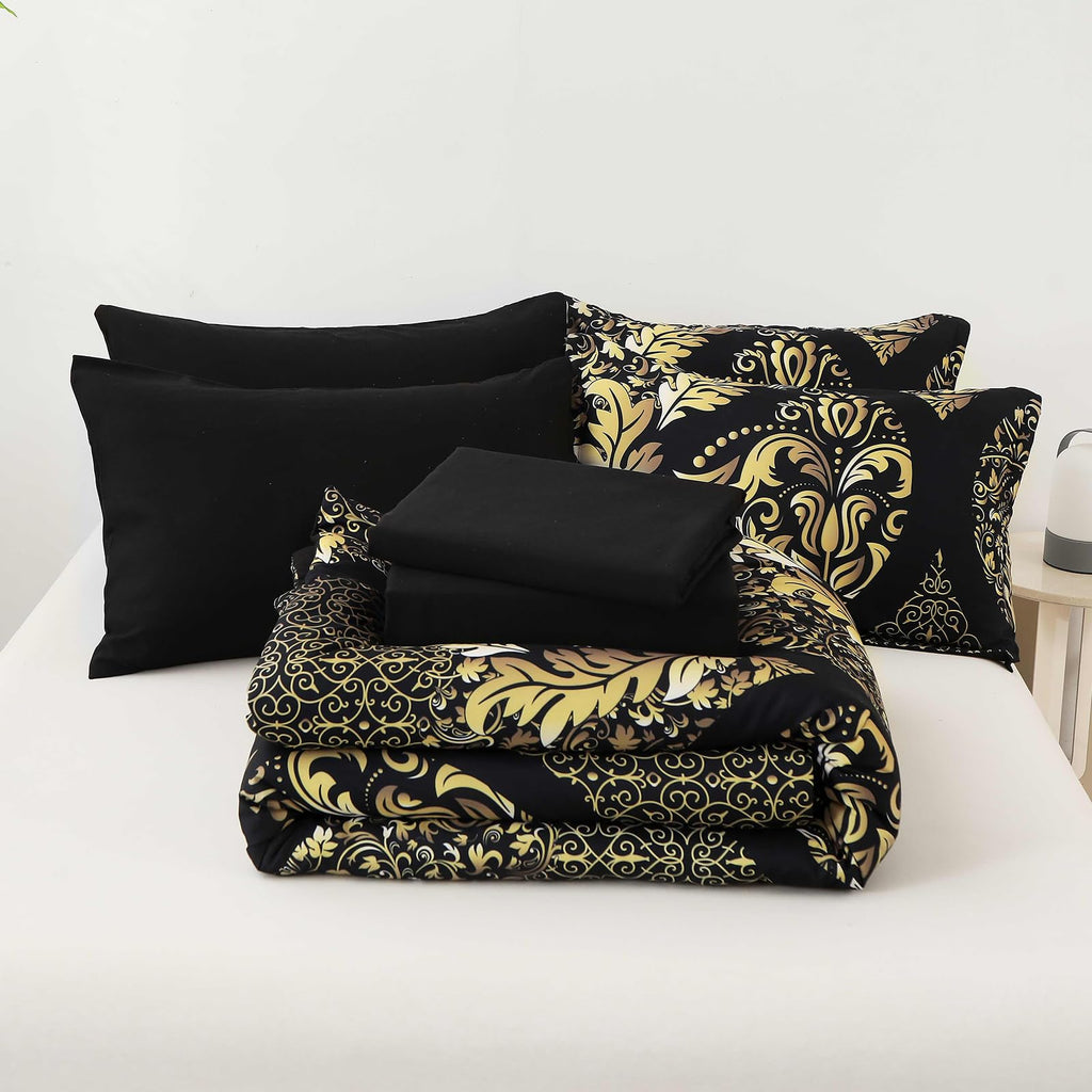 Black Gold Comforter Set California King Size, 7 Pieces Bohemian Damask Comforter Set Soft Lightweight Microfiber