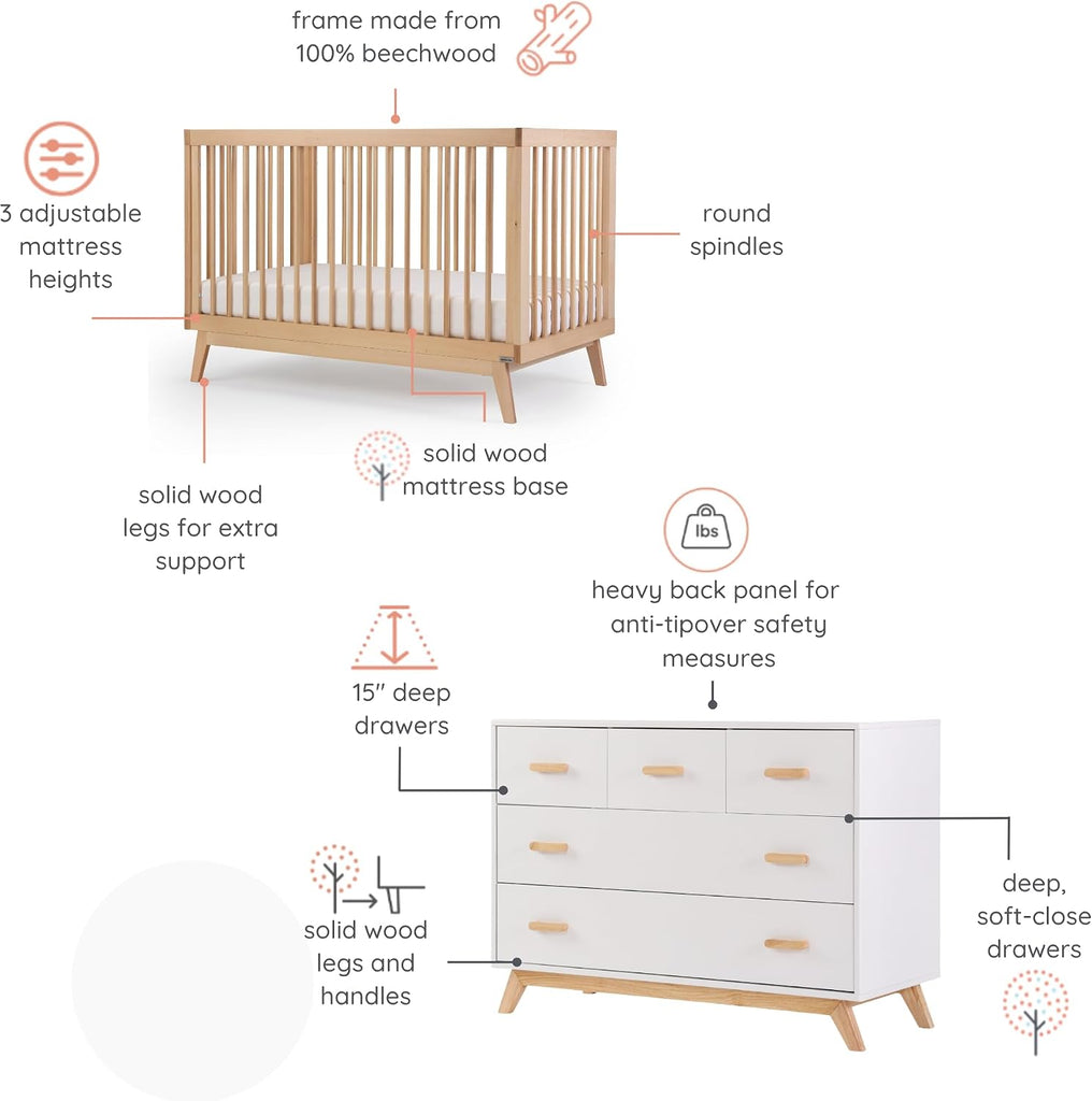 Soho Nursery Furniture Set, Baby Crib & Dresser Combo, White/Natural | Soho 3-in-1 Convertible Beechwood Baby Crib
