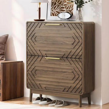 Shoe Storage Cabinet with Hand-Carved Raised Embossed 2 Flip Drawers, Narrow Shoe Cabinet Storage, Freestanding Shoe