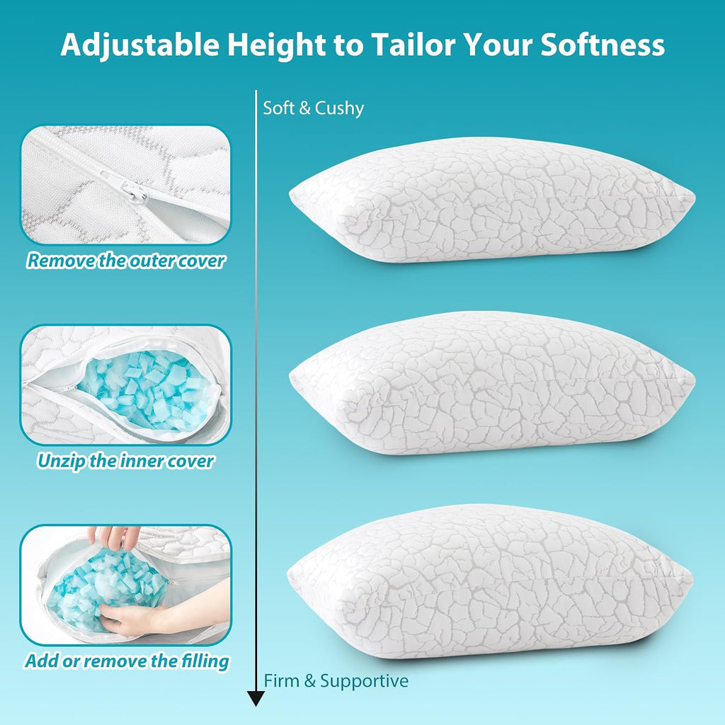 Cooling Pillows King Size Set of 2, Shredded Memory Foam | Adjustable for Hot Sleepers, Cold Pillows, Firm Bed
