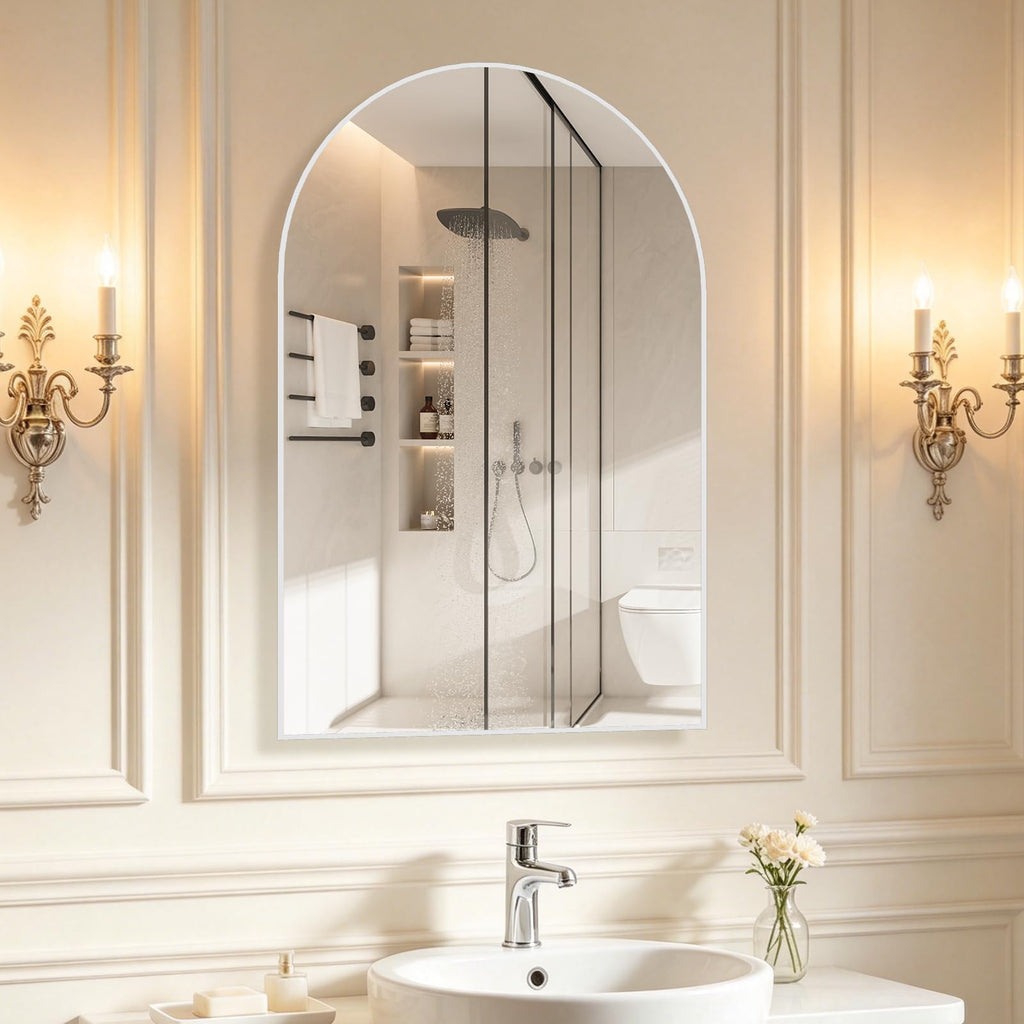 Wall Mounted Mirror, Arched Wall Mirror, 20"x30" Arch Bathroom Mirror with Metal Frame, 2 Pieces White Vanity Mirror