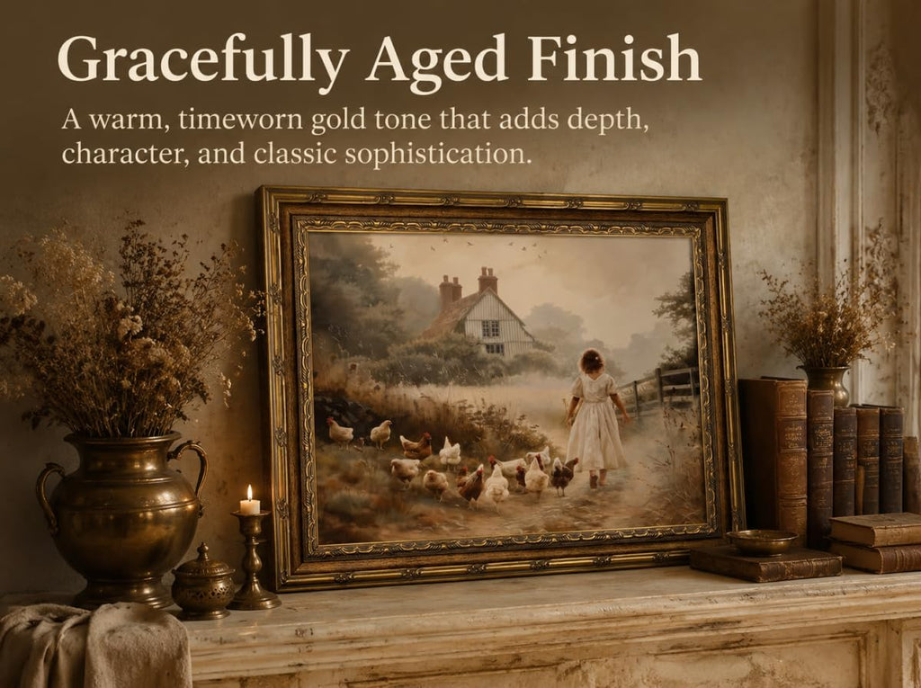 Vintage Gold Framed Farmhouse Wall Art Retro Country Farm Girl with Chicken Canvas Wall Decor Rustic Pastoral Scenery