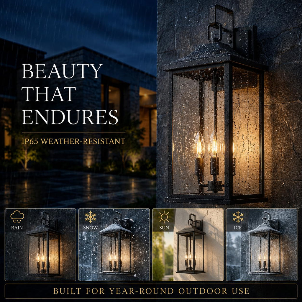 24 Inch 1 Pack Outdoor Wall Sconce, 3-Light Candelabra Exterior Porch Light with Clear Glass, Matte Black Finish